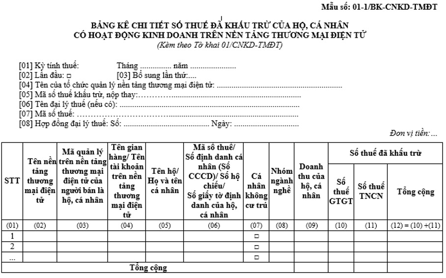 Bang ke khau tru thue mau so 01-1/BK-CNKD-TMDT. Anh: Cuc Thue