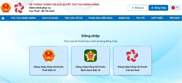 Nguoi dung co the dang nhap bang Tai khoan cap boi Cong dich vu cong quoc gia danh cho Doanh nghiep/To chuc hoac Tai khoan Dinh danh dien tu VNeID