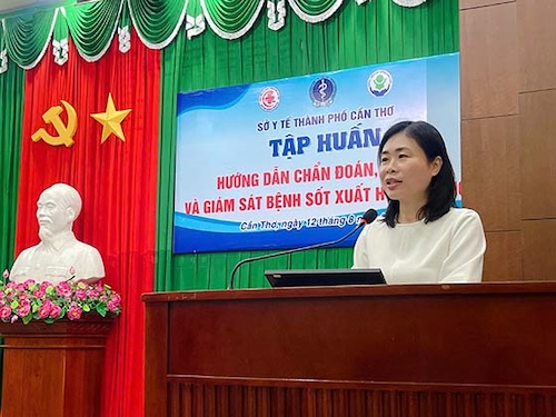 Ba Nguyen Ngoc Viet Nga, Pho Giam doc So Y te phat bieu tai lop tap huan huong dan chan doan, dieu tri va giam sat benh sot xuat huyet Dengue. Anh: So Y te Can Tho. 