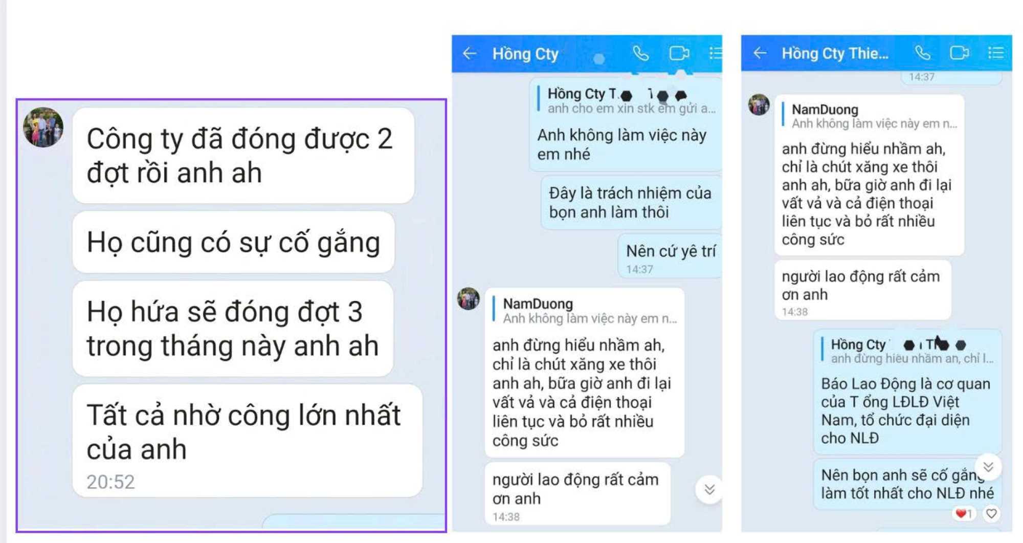 Hong 씨가 노동 신문 기자에게 보낸 문자 메시지. 사진: NAM DUONG