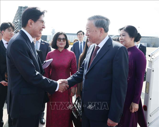 Lanh dao thanh pho Busan don Tong Bi thu To Lam va Phu nhan tai san bay quoc te Gimhae. Anh: TTXVN