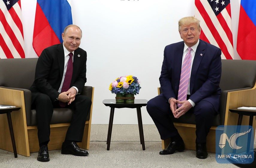 블라디미르 푸틴 러시아 대통령과 도널드 트럼프 미국 대통령이 2019년 6월 28일 일본 오사카에서 열린 G20 정상 회의에서 회담을 가졌습니다. 사진: 신화통신