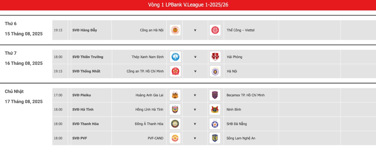 Lich thi dau vong 1 V.League 2025-2026.