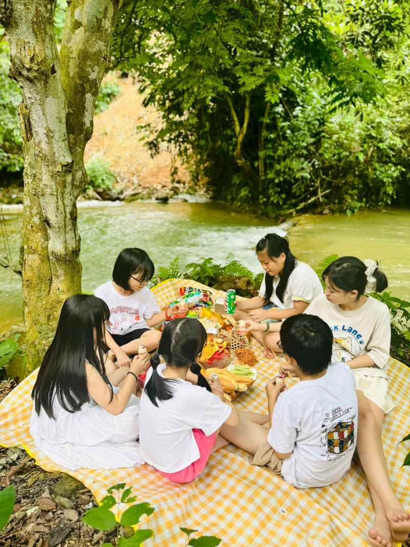 Buoi camping don gian duoi tan cay xanh mat.