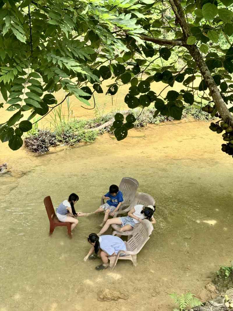 Dam tre ke ghe ngoi choi giua dong suoi trong vat.