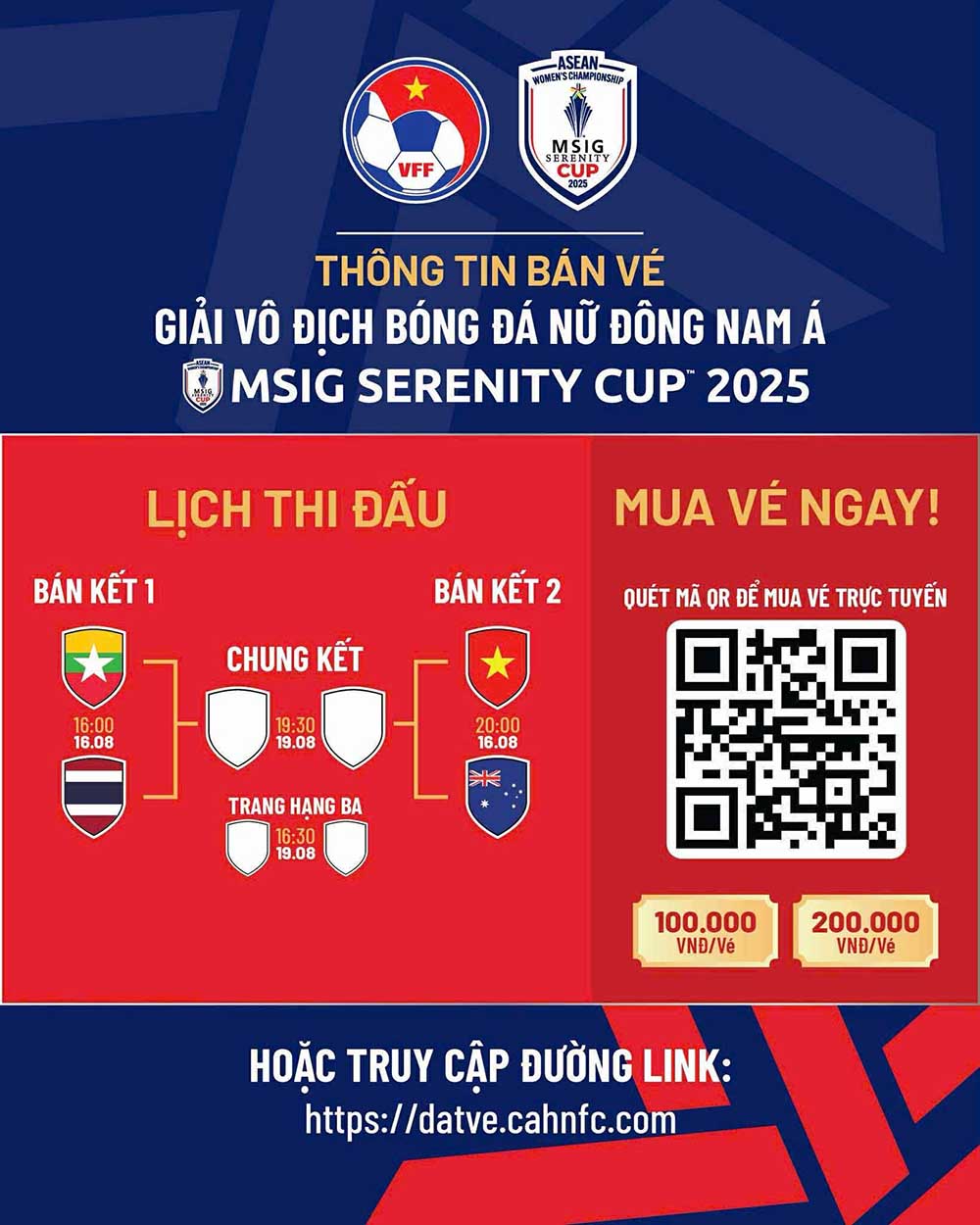 Schedule of matches and ticket sales information for the 2025 Southeast Asian Women's Football Championship. Photo: VFF