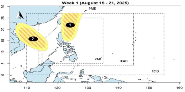 Dự báo áp thấp trên Biển Đông trong tuần từ ngày 15-21.8.2025. Ảnh: PAGASA