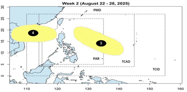 Dự báo áp thấp trên Biển Đông trong tuần từ ngày 15-21.8.2025. Ảnh: PAGASA