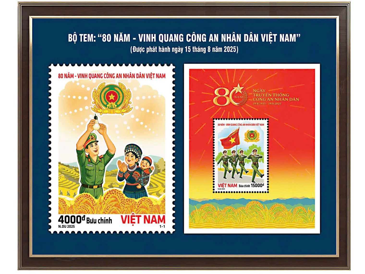 Bo tem buu chinh chu de “80 nam – Vinh quang Cong an nhan dan Viet Nam“. Anh: Bo Cong an