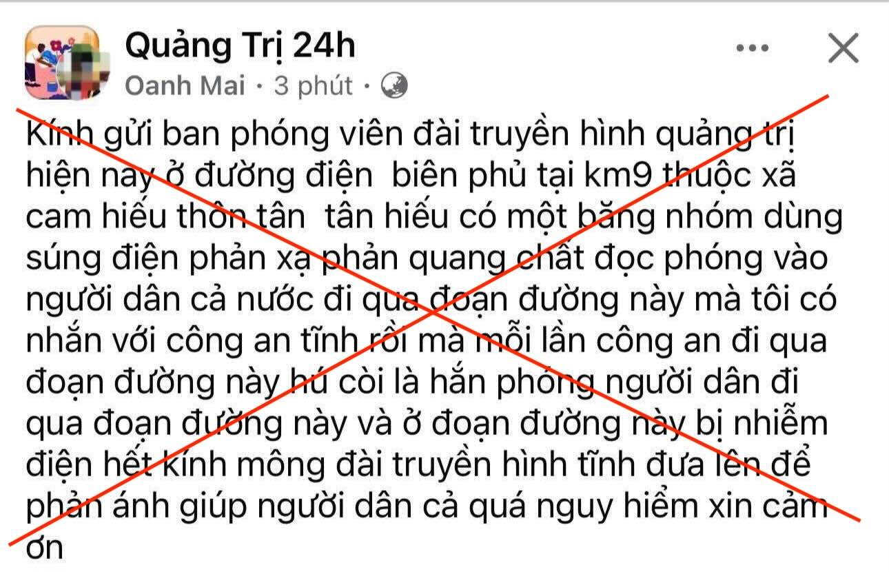 The information that the Facebook account "Oanh Mai" said about a gang using an electric gun to shoot a pedestrian is untrue. The commune of Cam Hieu that Ms. O mentioned today is Hieu Giang commune. Photo: Screenshot