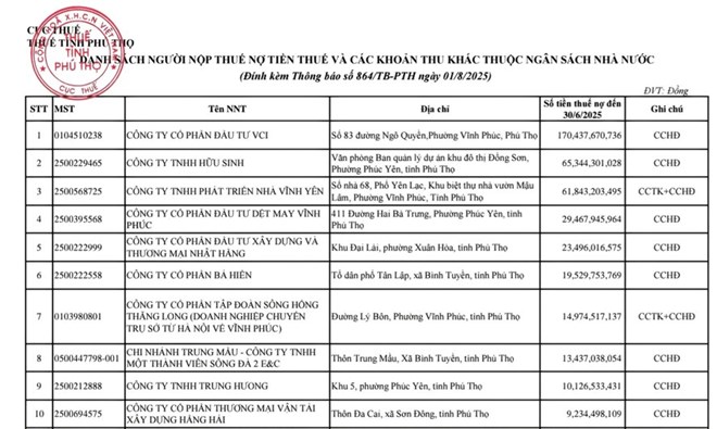 Danh sach 10 doanh nghiep no thue lon nhat tren dia ban tinh Phu Tho tinh den het ngay 30.6.2025. Anh: Cuc Thue tinh Phu Tho. 