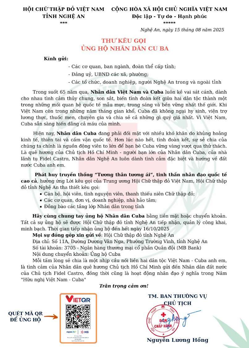 La Cruz Roja de la provincia de Nghe An emite una carta pidiendo unir fuerzas para apoyar al pueblo cubano. Foto: Quang Dai