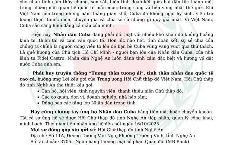 Nghe An Provincial Red Cross Society issued a letter calling for joint efforts to support the Cuban people. Photo: Quang Dai