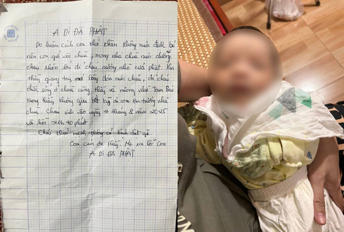 약 11일 된 갓난 여자 아기가 흥옌성 영국 서투이 코뮌의 사찰 문 앞에 버려졌습니다. 사진: 주민 제공