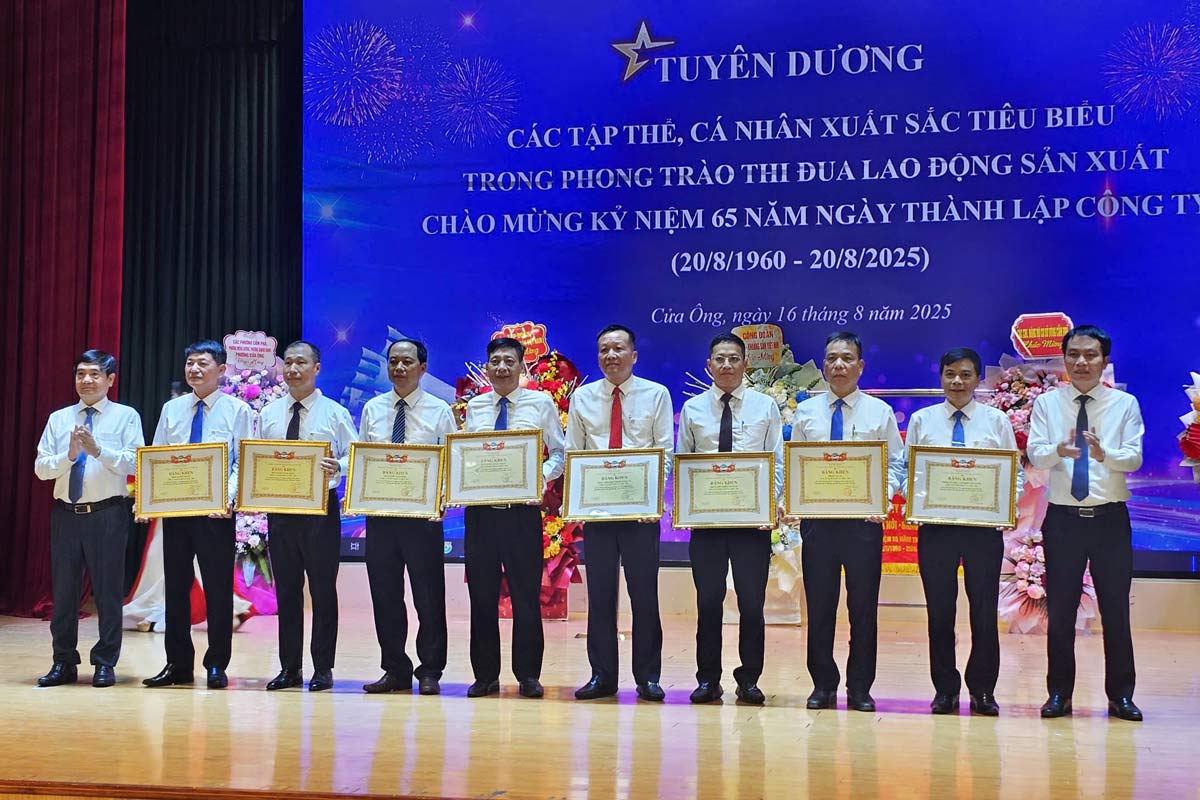 Lanh dao TKV khen thuong cac tap the, ca nhan co thanh tich xuat sac trong dot phat dong thi dua chao mung ky niem 65 nam thanh lap Cong ty. Anh: Doan Hung
