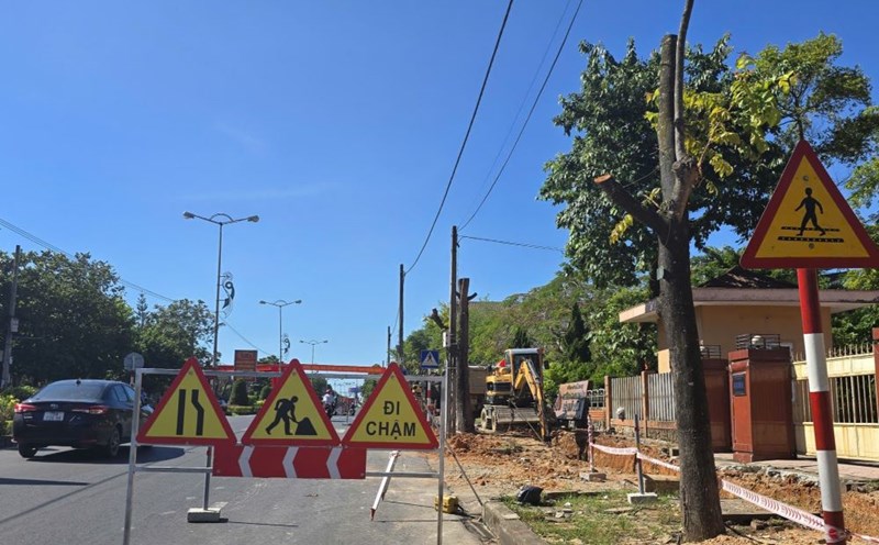 The trees were cut down to prepare for relocation to another location according to the approved plan. However, the investor is currently keeping the status quo and constructing other items in the sidewalk renovation project on Hung Vuong Street. Photo: Hung Tho