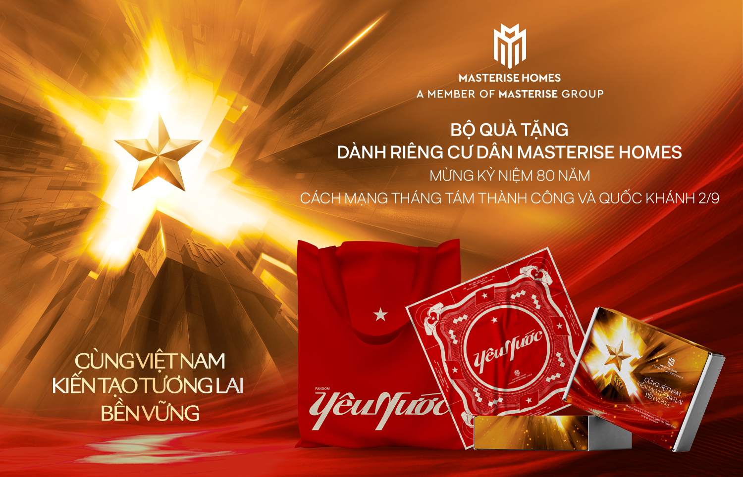 Qua tang “Yeu nuoc” bao gom co To quoc lon, co cam tay, tui tote va khan bandana, duoc Masterise Group chu dao chuan bi nham “tiep suc” cong dong cu dan huong ung “Concert Quoc gia” moi luc, moi noi trong dip trong dai cua dan toc