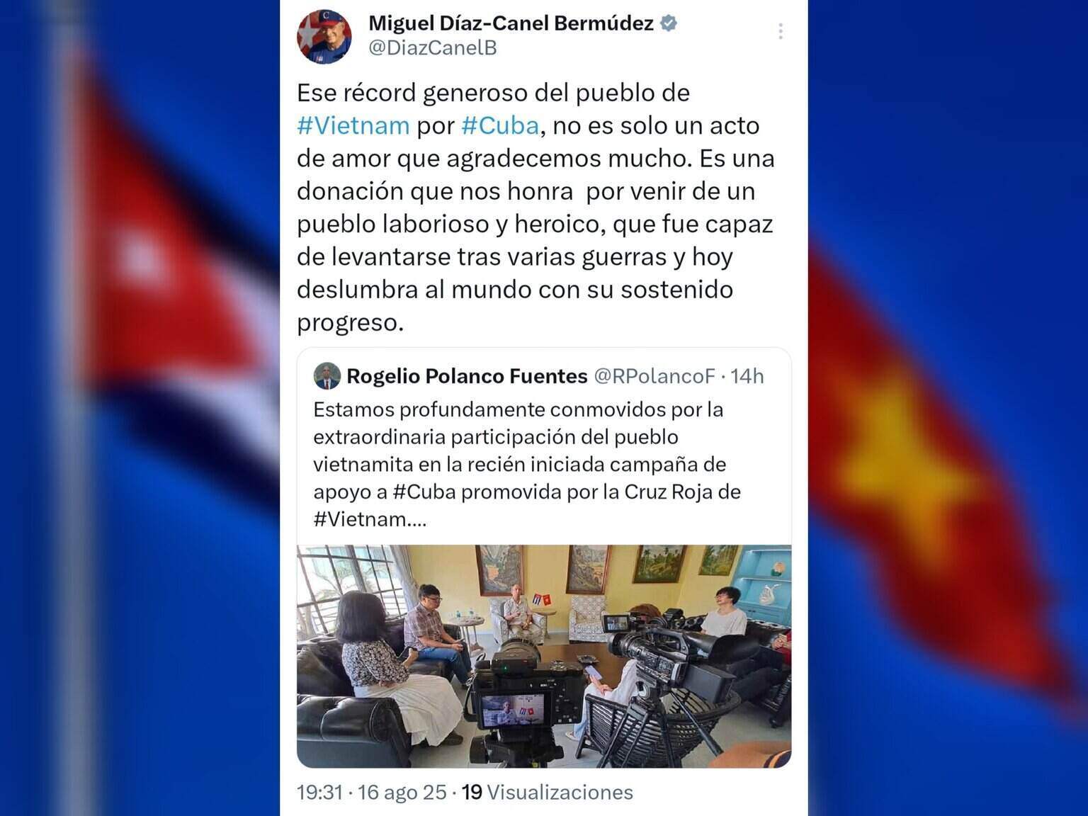 Bi thu thu nhat Ban chap hanh Trung uong Dang Cong san Cuba, Chu tich nuoc Cong hoa Cuba Miguel Diaz-Canel Bermudez chia se thong diep ve chien dich “65 Nghia tinh Viet Nam - Cuba” . Anh: Dai su quan Cuba tai Viet Nam