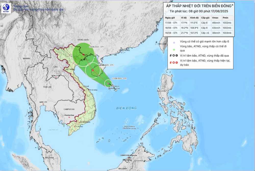 Cap nhat vi tri cua ap thap nhiet doi tren Bien Dong. Anh: Trung tam Du bao Khi tuong Thuy van quoc gia