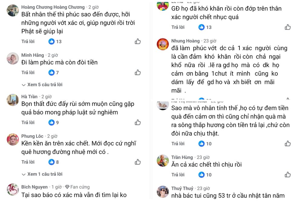 Social media users commented expressing their frustration with the story of 50 million VND "suring the body" of a family on the Red River. Photo: Facebook.