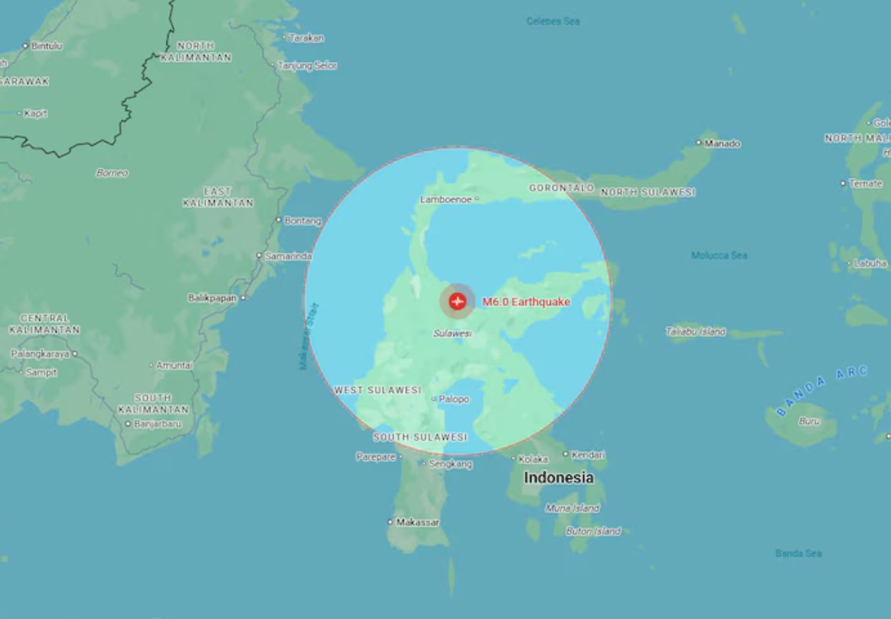 리히터 규모가 큰 지진이 2025년 8월 17일 아침 인도네시아 중부 술라웨시 지방에서 발생했습니다. 사진: Google Maps