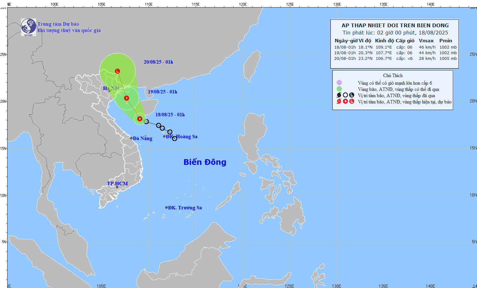 Ap thap nhiet doi tren Bien Dong huong ve vinh Bac Bo. Anh: Trung tam Du bao Khi tuong Thuy van Quoc gia Viet Nam