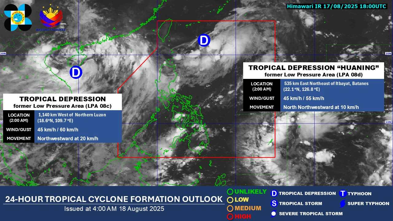 동해의 열대 저기압 08c 및 열대 저기압 화닝 2025년 8월 18일. 사진: PAGASA