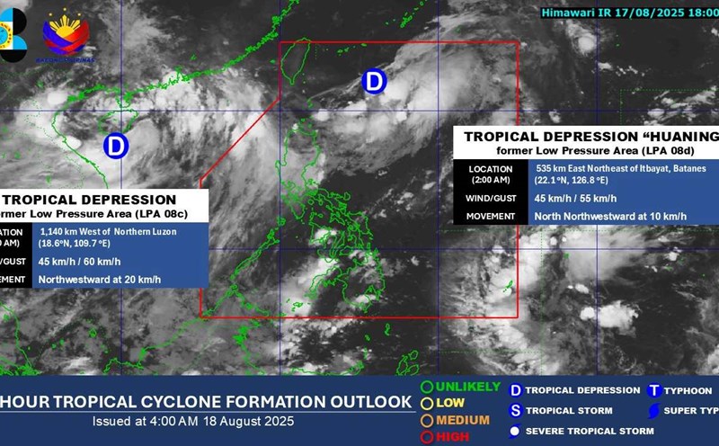 Tropical depression in the East Sea 08c and tropical depression Huaning on August 18, 2025. Photo: PAGASA