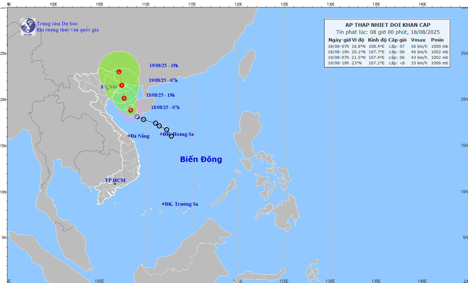 Updated location and path of the tropical depression at 8:00 a.m. on August 18. Photo: National Center for Hydro-Meteorological Forecasting