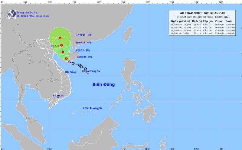 Updated location and path of the tropical depression at 8:00 a.m. on August 18. Photo: National Center for Hydro-Meteorological Forecasting