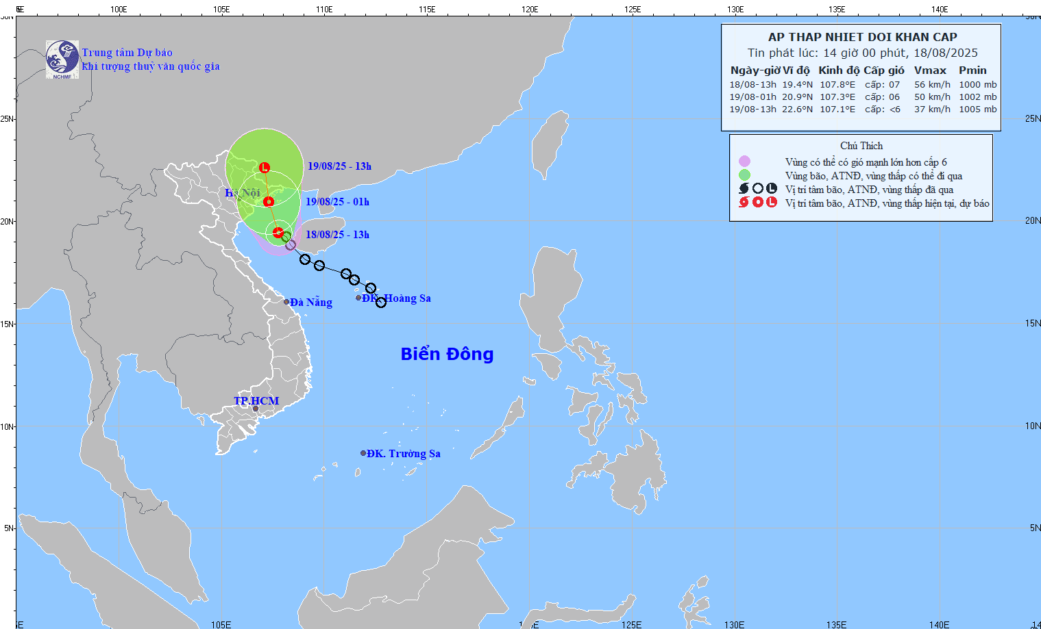 Cap nhat vi tri va duong di cua ap thap nhiet doi hoi 14 gio ngay 18.8. Anh: Trung tam Du bao Khi tuong Thuy van Quoc gia