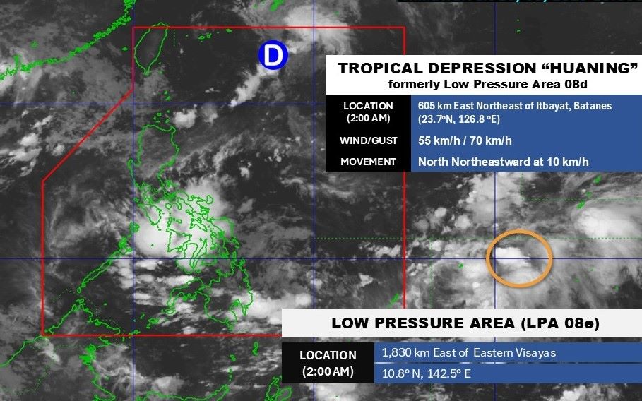 The center of tropical depression Huaning and new depression 08e at 2:00 a.m. on August 19, 2025. Photo: PAGASA