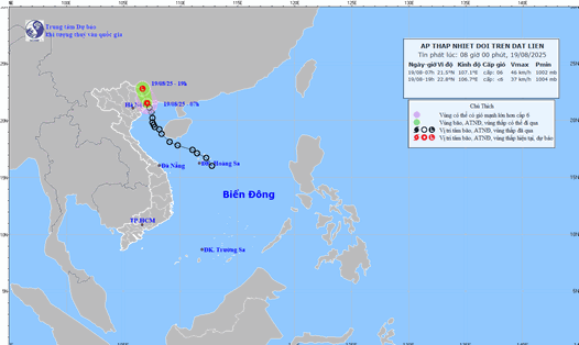 Đường đi của áp thấp nhiệt đới sau khi đổ bộ đất liền. Ảnh: NCHMF