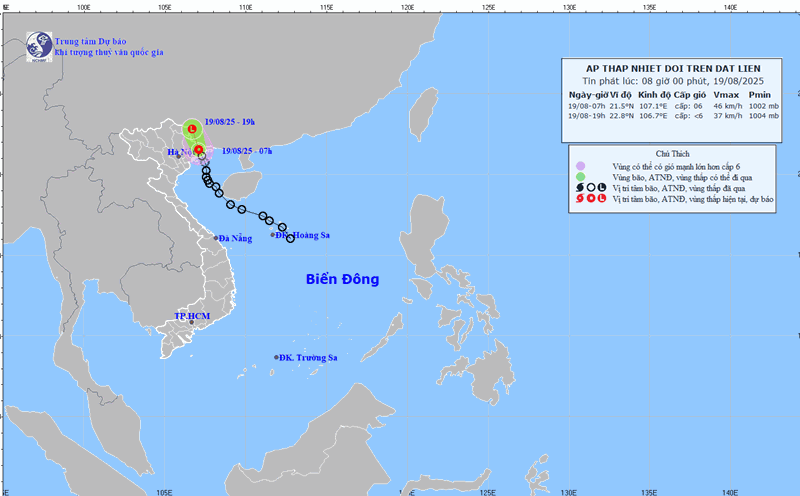 The path of the tropical depression after making landfall. Photo: NCHMF