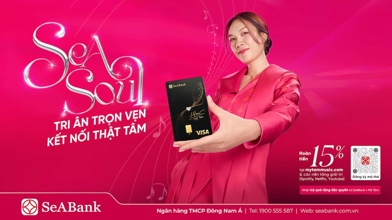 Ngan hang TMCP Dong Nam A (SeABank, ma chung khoan: SSB) ket hop cung ca si My Tam ra mat the quoc te da nang dac biet Visa SeASoul 2in1. Anh: SeABank