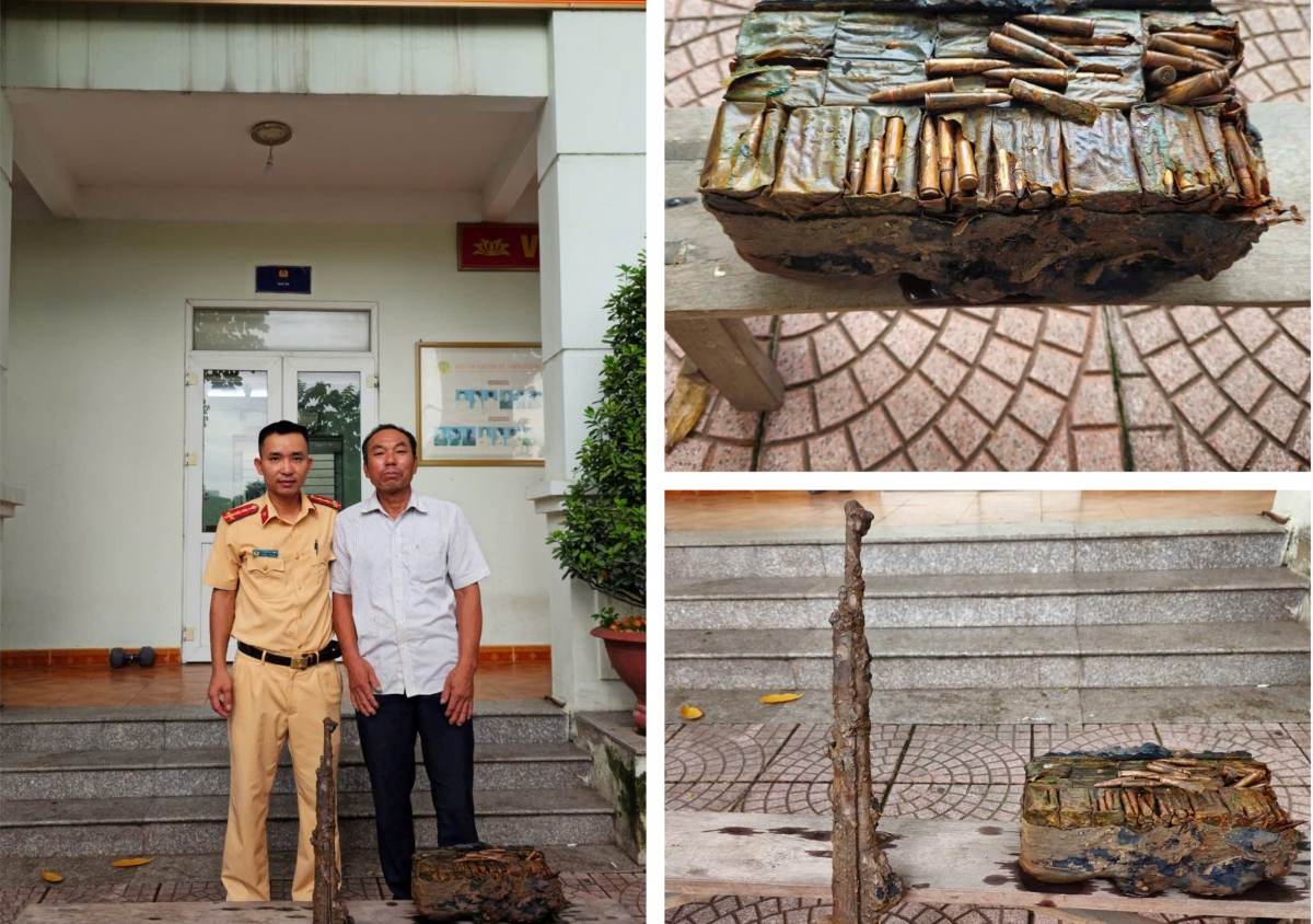 Anh H giao nộp vũ khí tại Trạm Cảnh sát đường thủy Máy Chỉ, Phòng Cảnh sát giao thông. Ảnh: Công an Hải Phòng