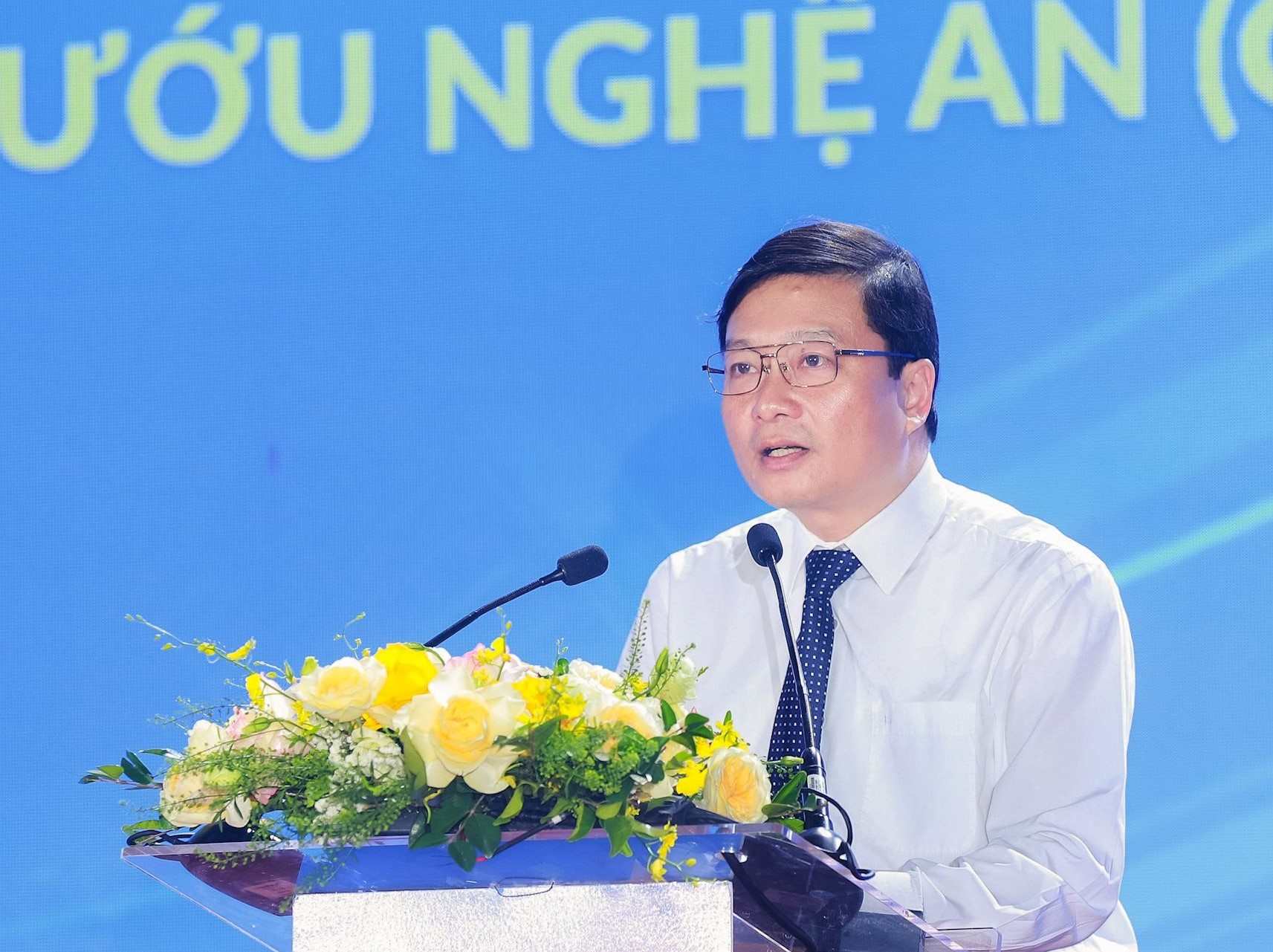 Dong chi Le Hong Vinh - Pho Bi thu Tinh uy, Chu tich UBND tinh Nghe An phat bieu tai le khanh thanh Benh vien Ung buou Nghe An. Anh: Thanh Duy