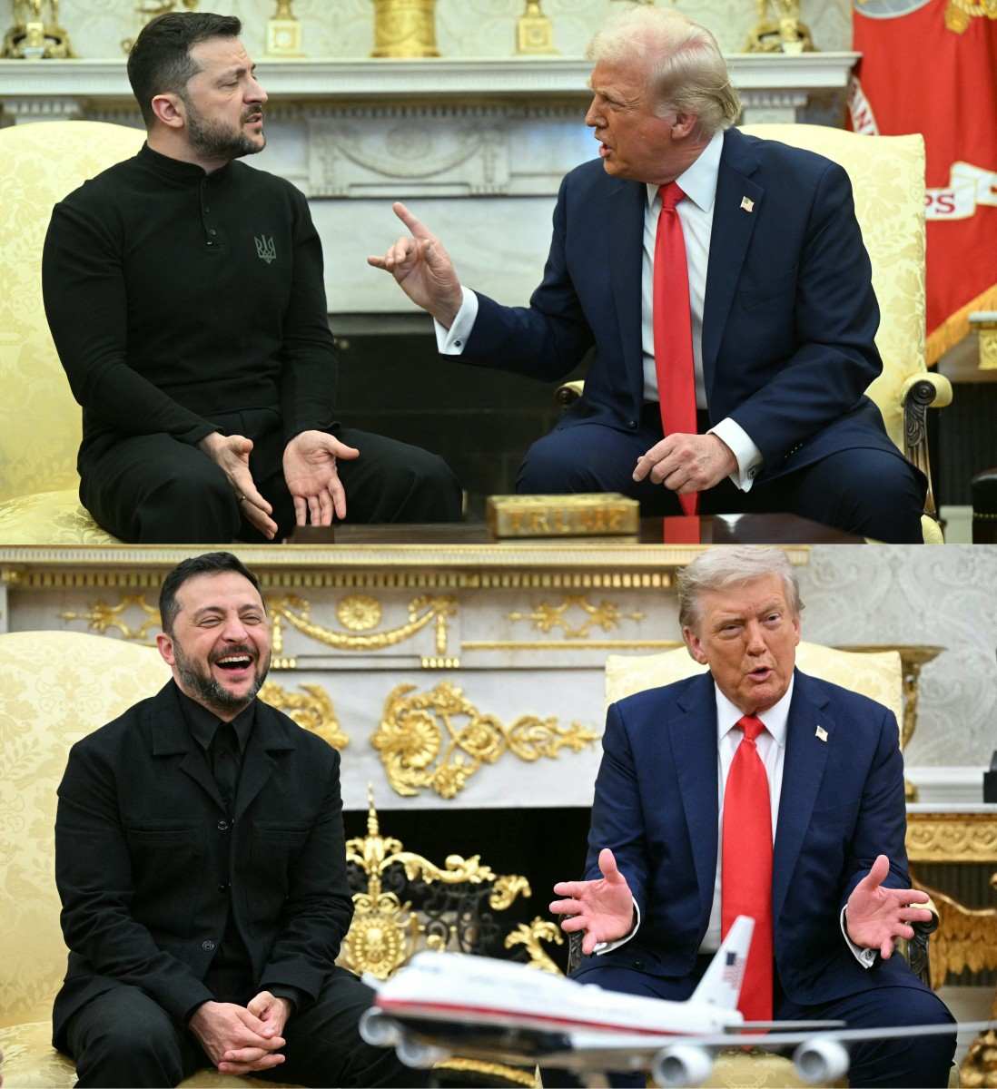 Tong thong Ukraina Volodymyr Zelensky trong cuoc gap Tong thong My Donald Trump tai Nha Trang ngay 28.2.2025 (anh tren) va ngay 18.8.2025 (anh duoi). Anh: AFP