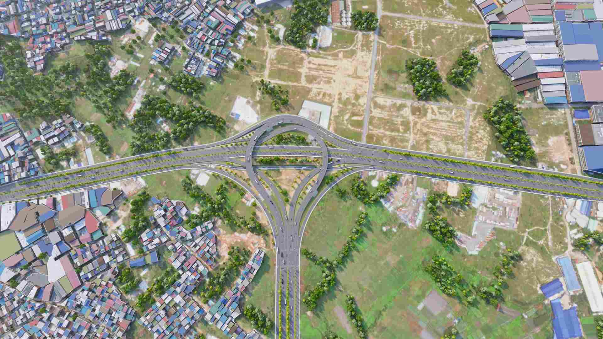 phoi canh nut giao Binh Chuan thuoc dia ban thanh pho Thuan An. Khu vuc nay co dien tich khoang 31ha. Rieng nut giao, du kien duoc dau tu 571 ti dong de thuc hien. Anh: BQLDA DTXD CTGT BD