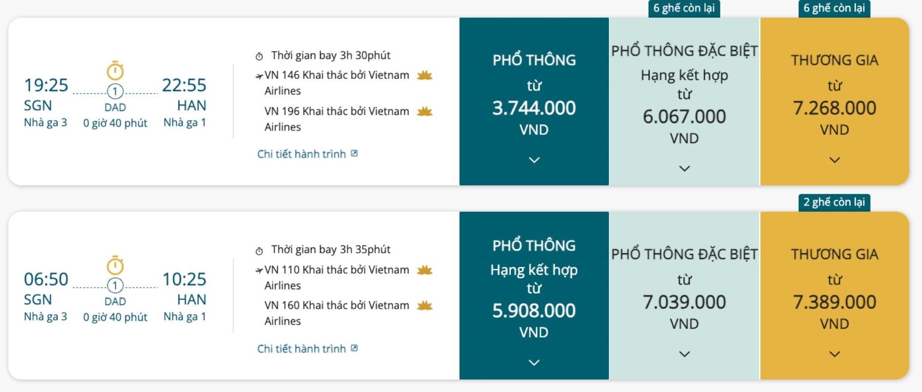 Gia ve may bay chang TP. Ho Chi Minh - Ha Noi ngay 30.8 cua Vietnam Airlines. 