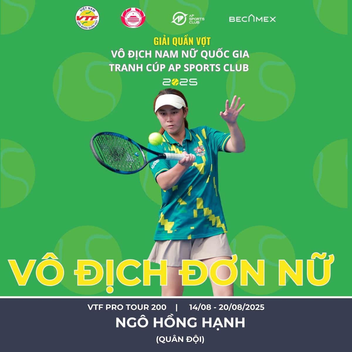 Tay vot Ngo Hong Hanh vo dich 2 noi dung tai Giai Quan vot vo dich nam nu quoc gia VTF Pro Tour 200 – Tranh Cup AP Sports Club 2025. Anh: VTF