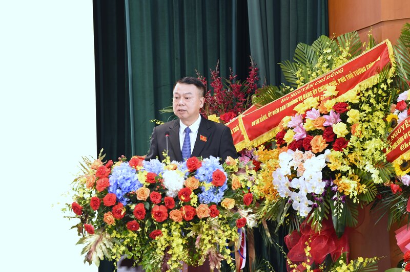 응우옌득찌(Nguyen Duc Chi) 동지 당위원회 상임 부서기이자 재무부 차관이 대회에서 정치 보고서를 요약하여 발표했습니다. 사진: 득탄(Duc Thanh)