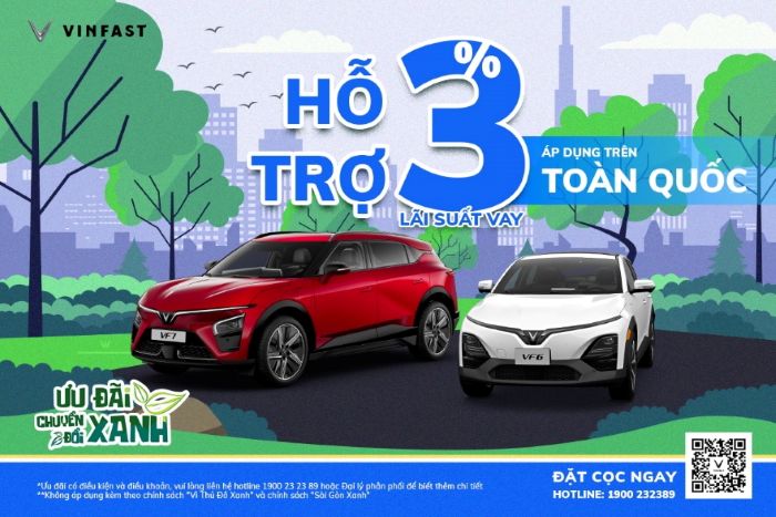 Ngoai muc uu dai 4% gia niem yet theo chuong trinh “Manh liet Tinh than Viet Nam - Vi tuong lai xanh” lan 3, khach hang se duoc ho tro 3% lai suat/nam neu vay mua o to tra gop phuc vu nhu cau ca nhan, va ho tro 4% lai suat/nam neu vay mua o to de van doanh tren nen tang Xanh SM Platform, thoi gian ho tro keo dai trong 3 nam