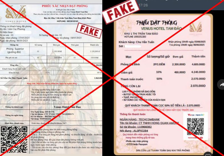 タムダオのホテルの偽の予約確認書。写真:提供者提供