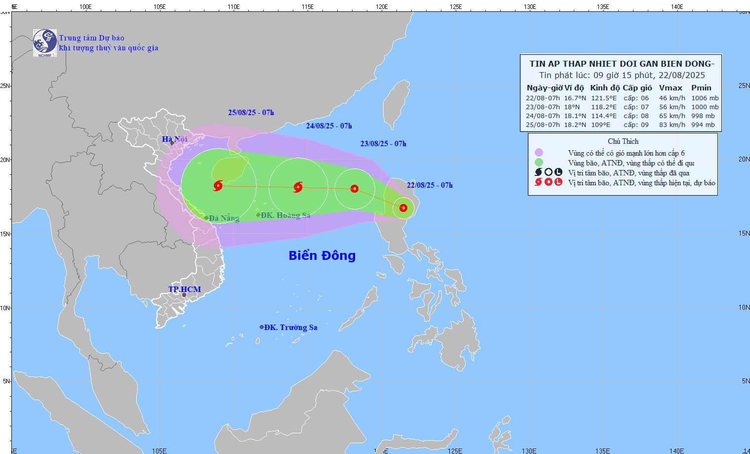 Updated at 9:15 a.m. on August 22 about the location and path of the tropical depression that is likely to strengthen into a storm. Source: National Center for Hydro-Meteorological Forecasting
