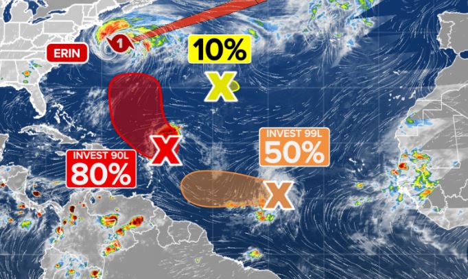 예보에 따르면 대서양에서 태풍 에린 직후 3개의 저기압이 태풍으로 발달할 수 있습니다. 사진: Fox Weather