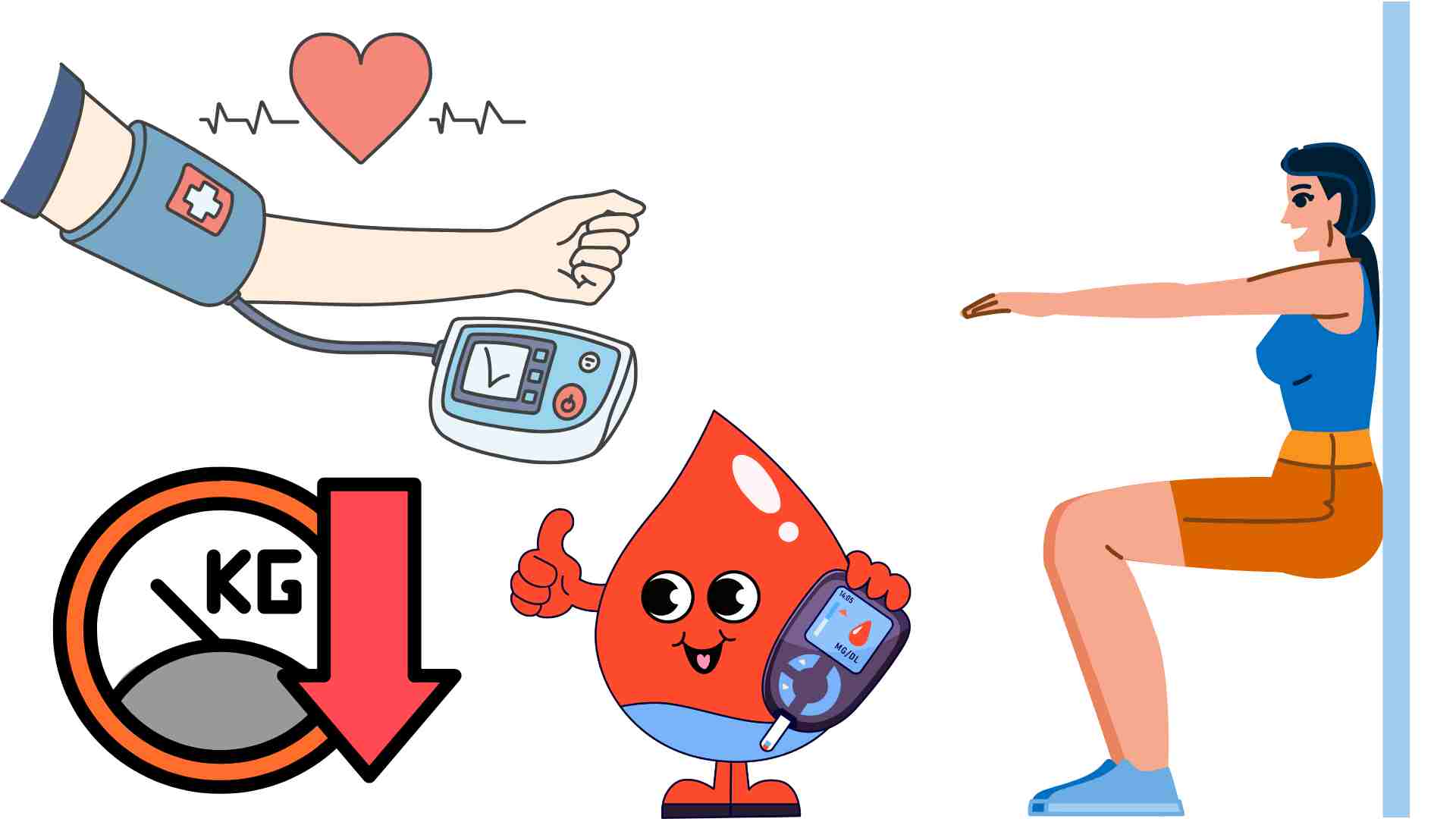 Wall-back squats help lower blood sugar, blood pressure and lose weight. Graphics: Ha May