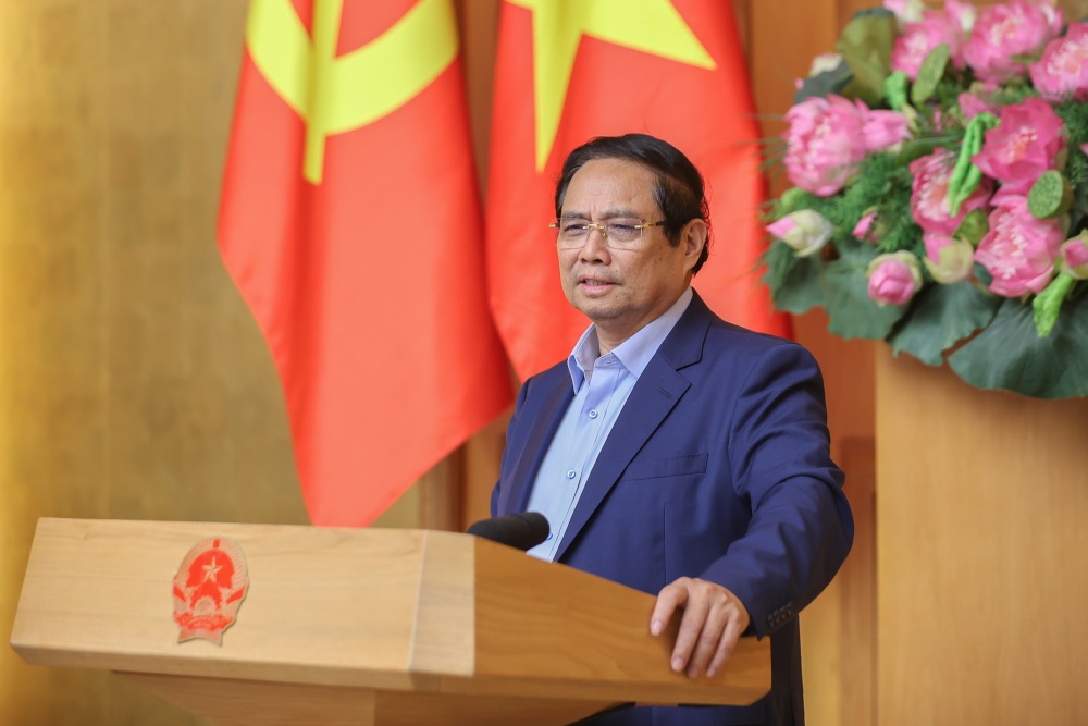 Prime Minister Pham Minh Chinh spoke at a meeting with the Private Economic Development Research Board on August 10. Photo: VGP