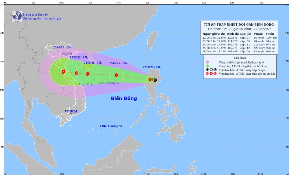 Updated at 8:00 p.m. on August 22 about the location and path of the tropical depression that is about to strengthen into storm No. 5. Source: National Center for Hydro-Meteorological Forecasting