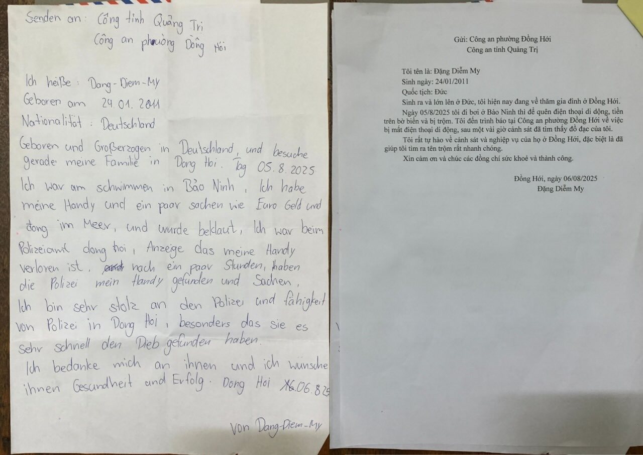 Carta de agradecimiento de Dang Diem My a la policia del barrio de Dong Hoi. Foto: Policia del barrio de Dong Hoi